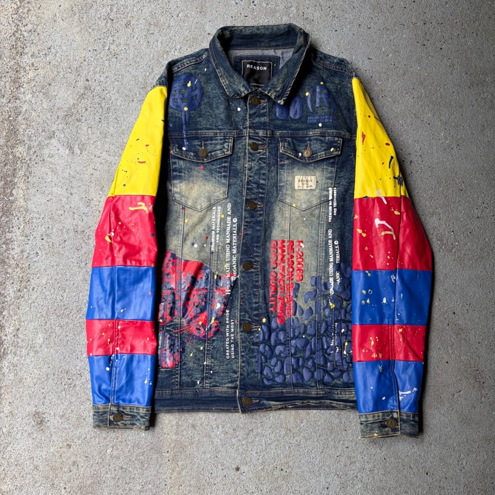Reason NYC Denim Jacket XXL Blue Colorblock Paint Splatter Smiley Graphic Street